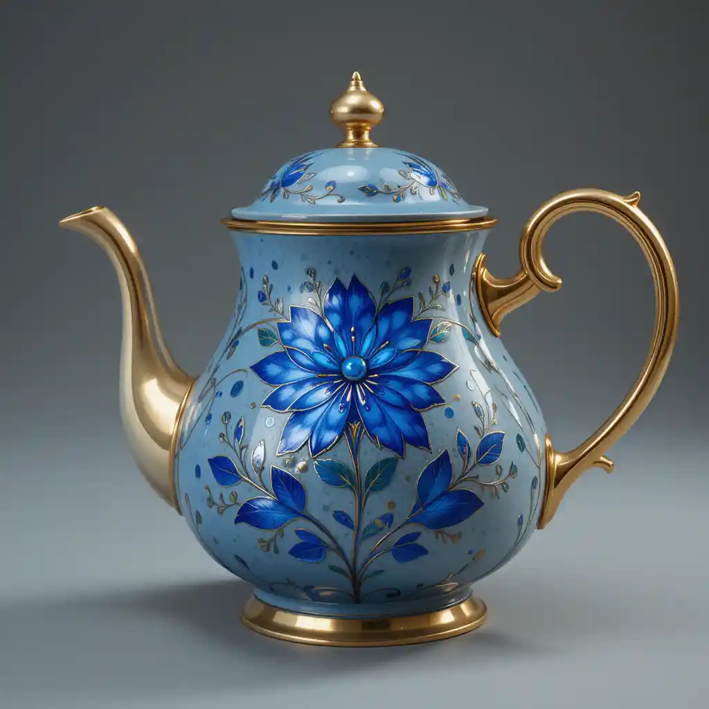Blau-goldene Teekanne mit floraler Seitendekoration
