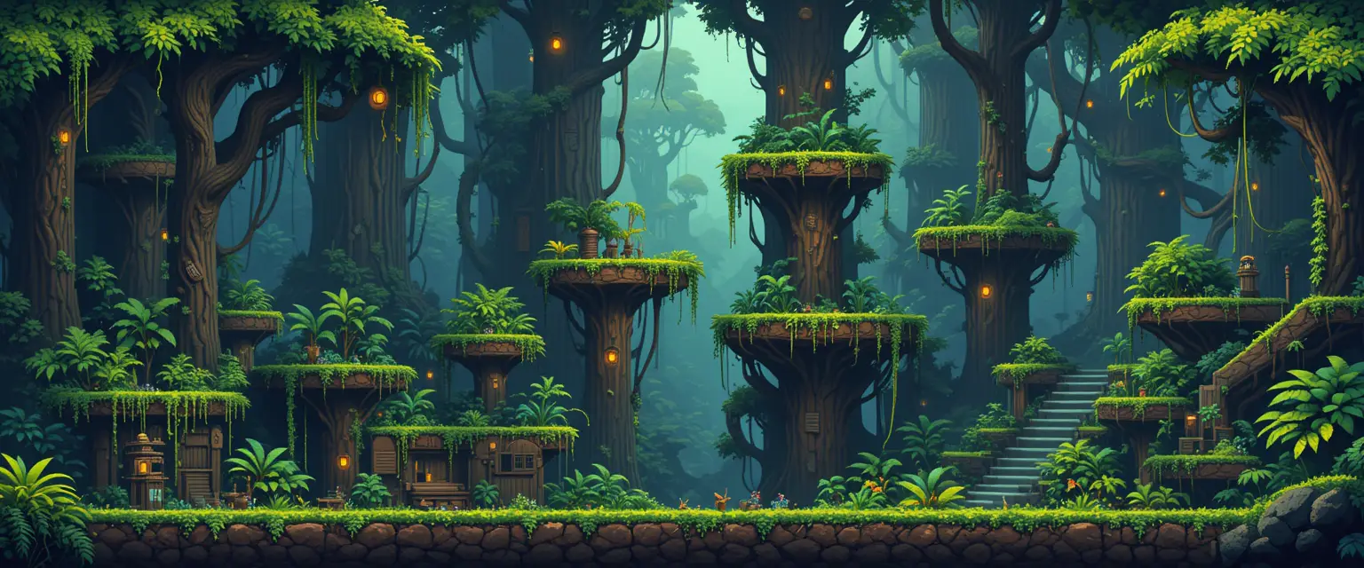 Pixel-Art-Spritesheet mit Dschungel-Kacheln für 2D-Platformer-Maps