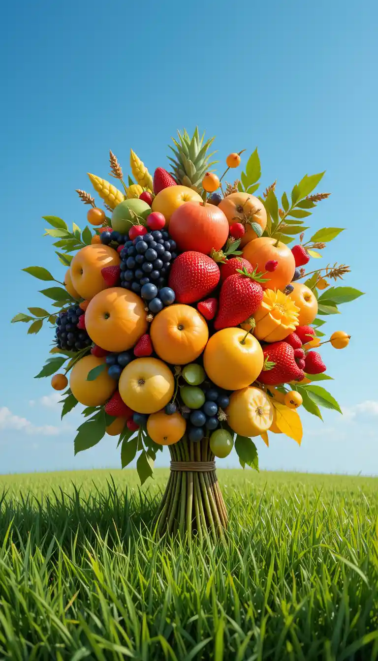 Colorato bouquet di frutta adagiato sull’erba verde sotto il cielo