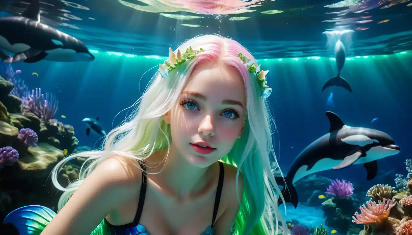 寫實風格的年輕美人魚與發光水母身體