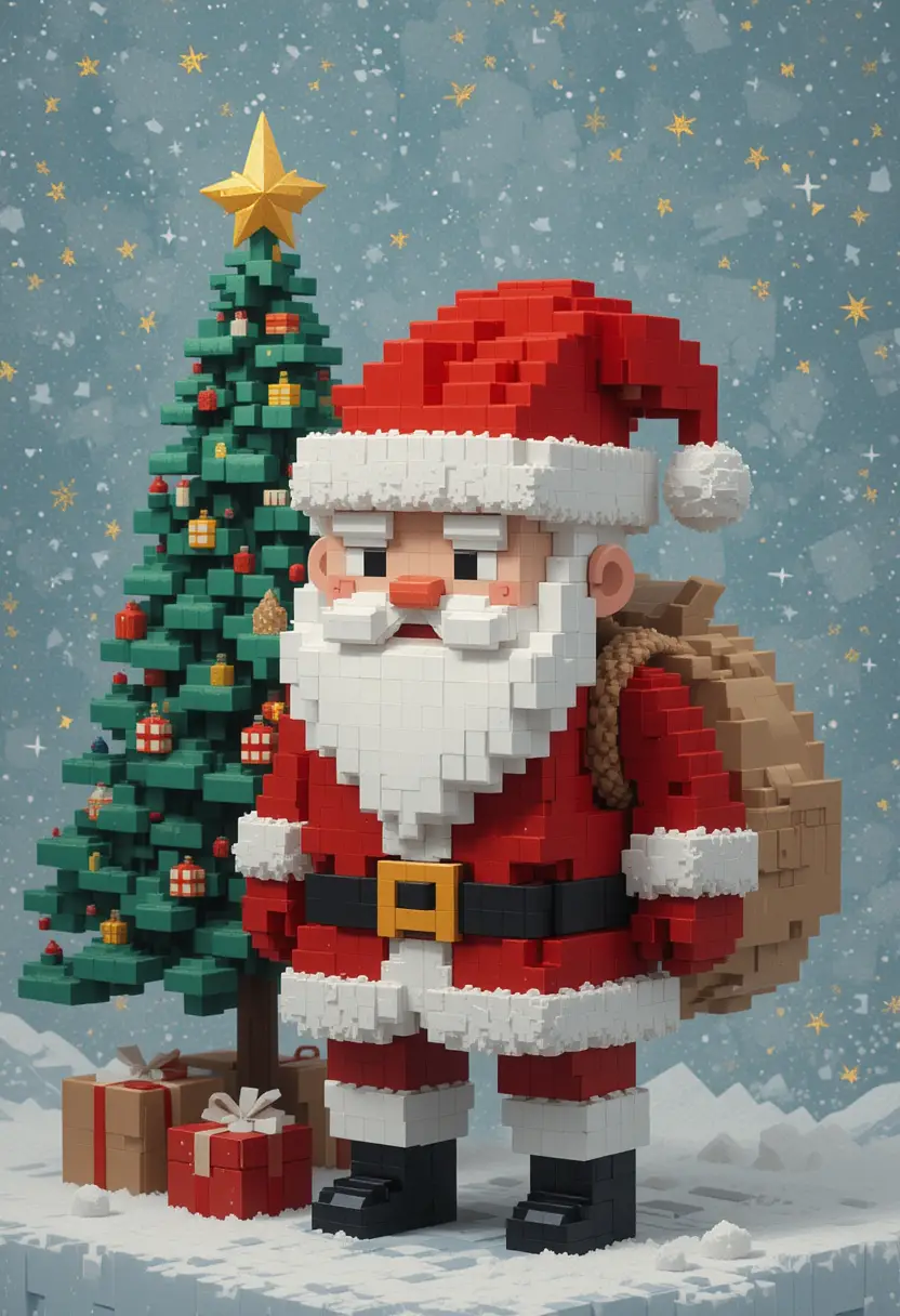 Papai Noel em voxel ao lado de uma árvore de Natal geométrica