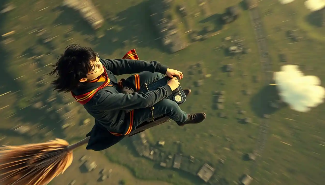 Adolescent volant sur un balai haut dans le ciel