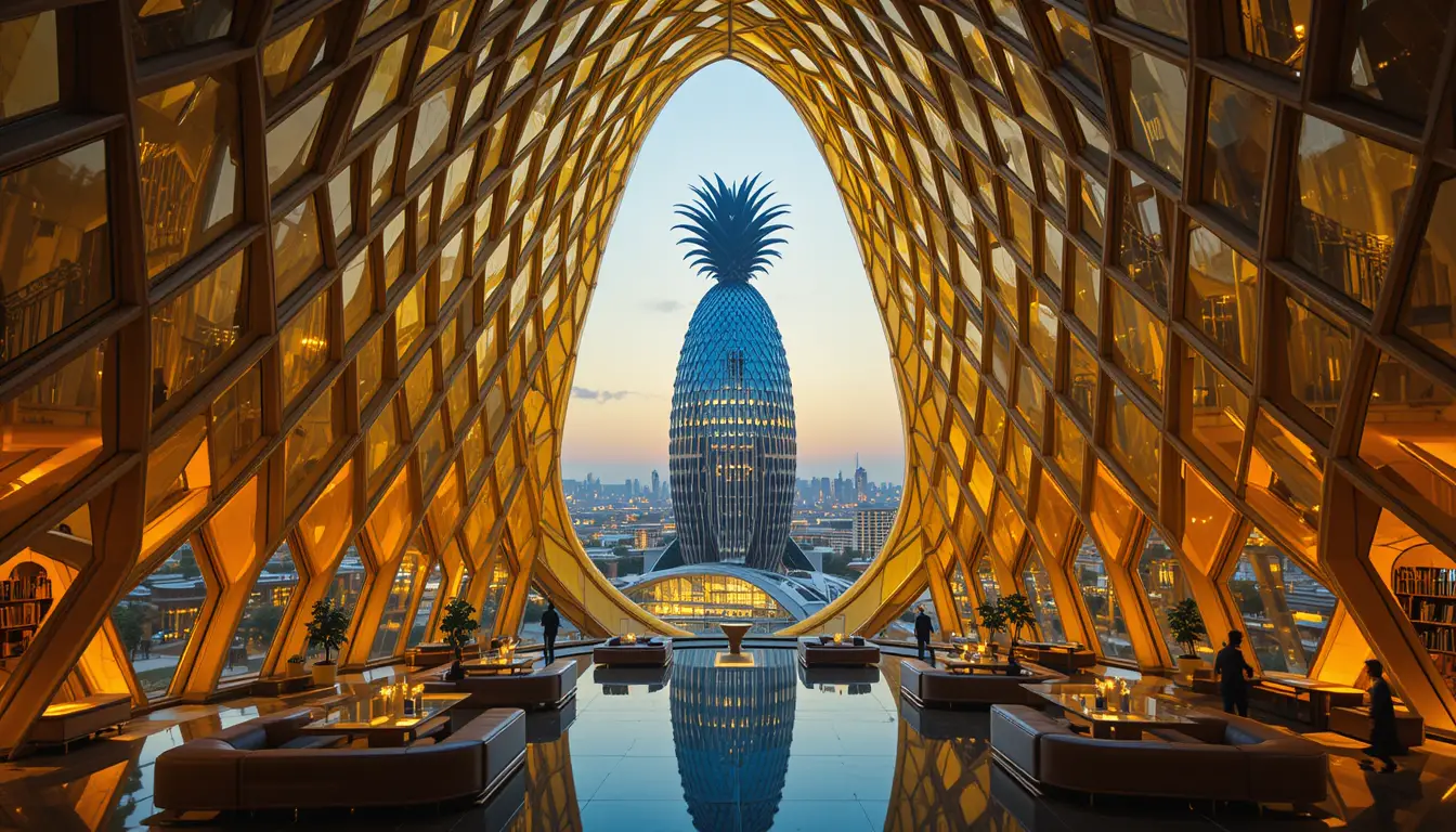 Intérieur architectural futuriste en forme d’ananas avec vue sur la ville