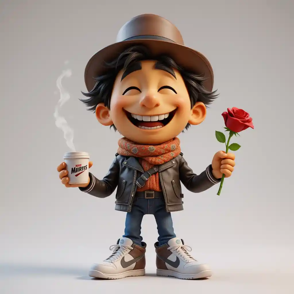 Lachende Cartoonfigur mit Kaffee und Rose