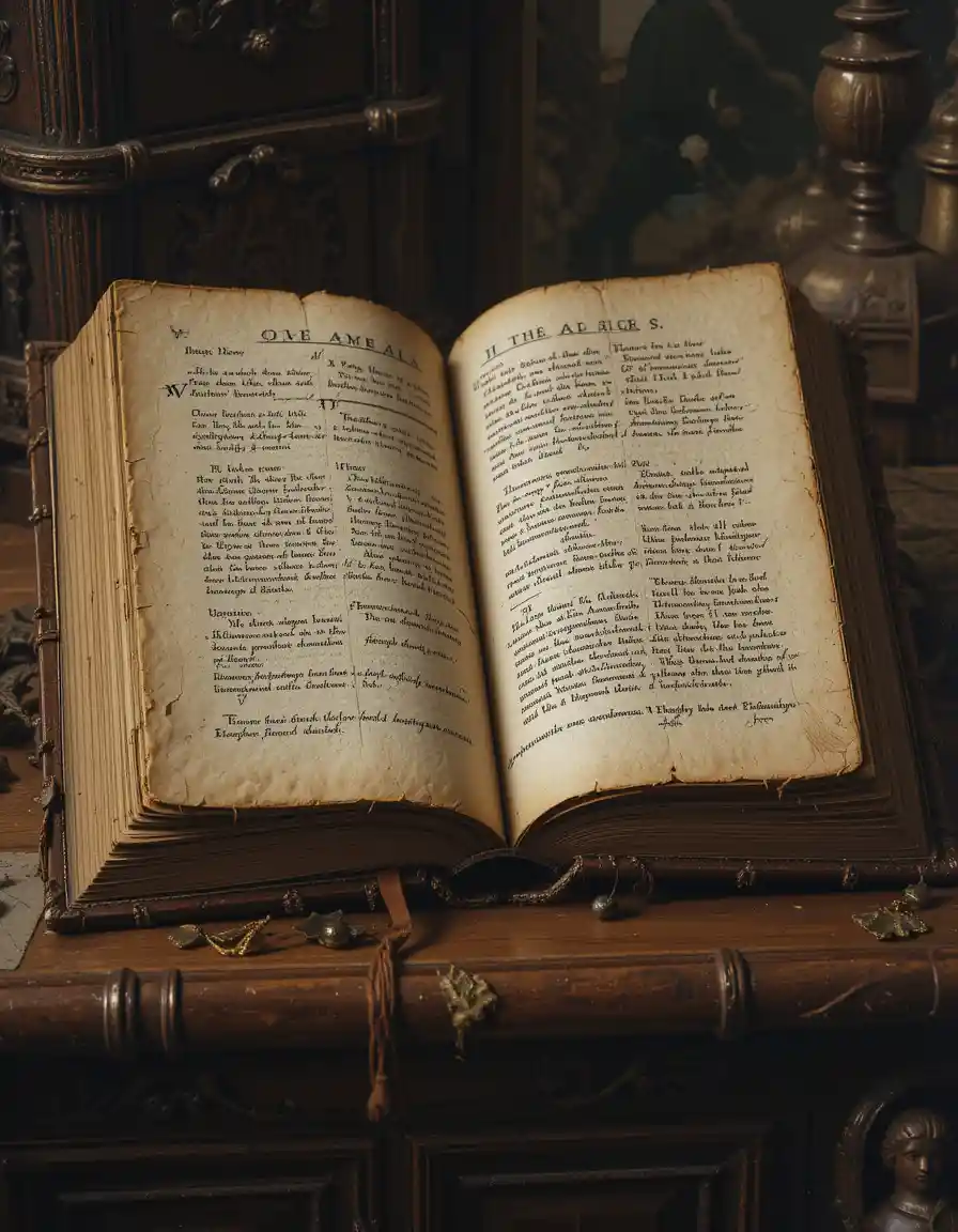 Vecchio libro aperto su scrivania barocca in legno decorato