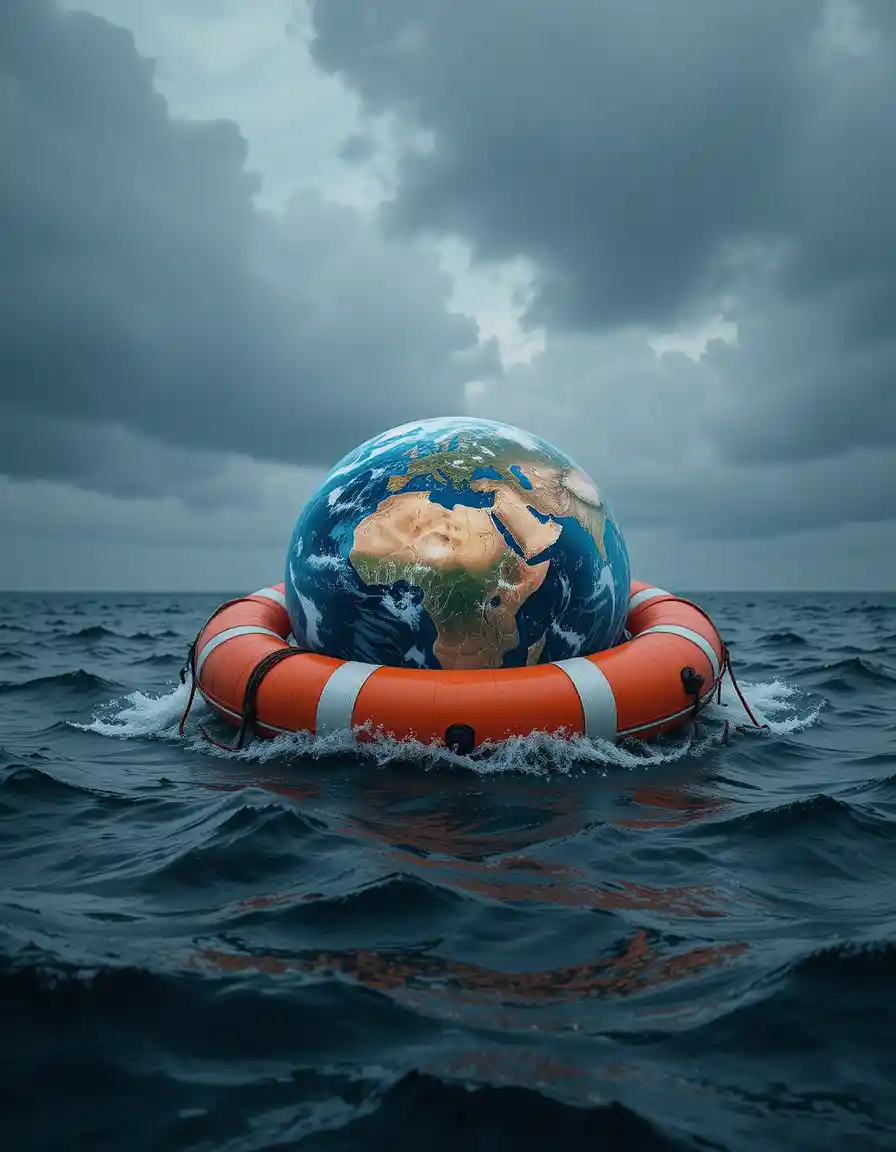 La Terra in un salvagente arancione che galleggia su un oceano in tempesta