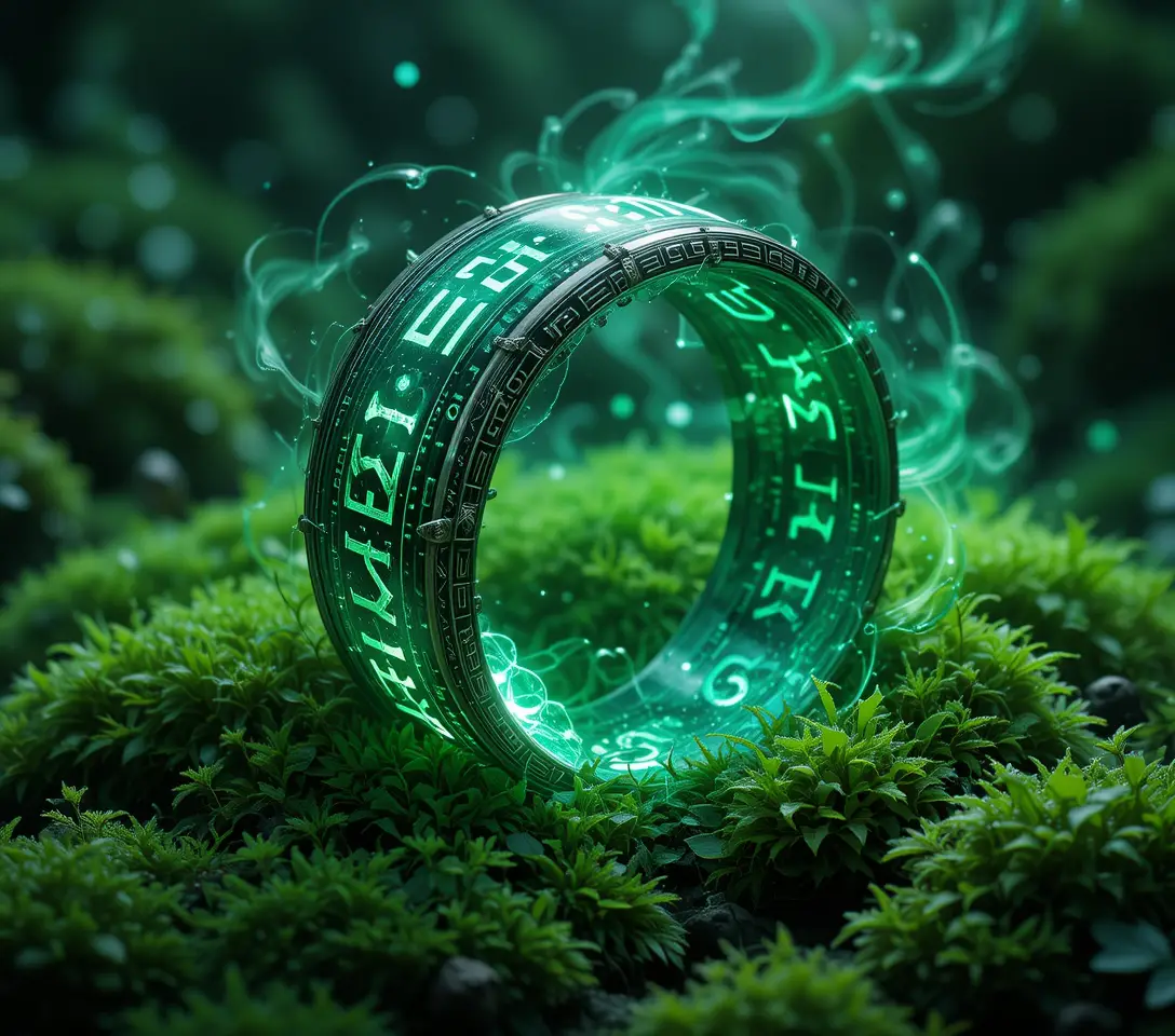 Anello runico incantato adagiato su muschio verde rigoglioso