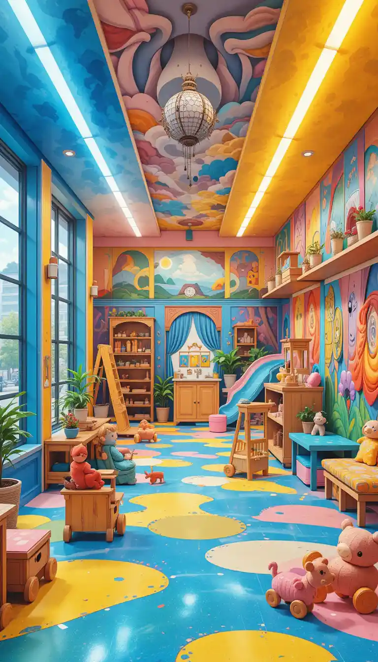 Fröhliche Illustration eines Indoor-Spielplatzes mit Holzspielzeug