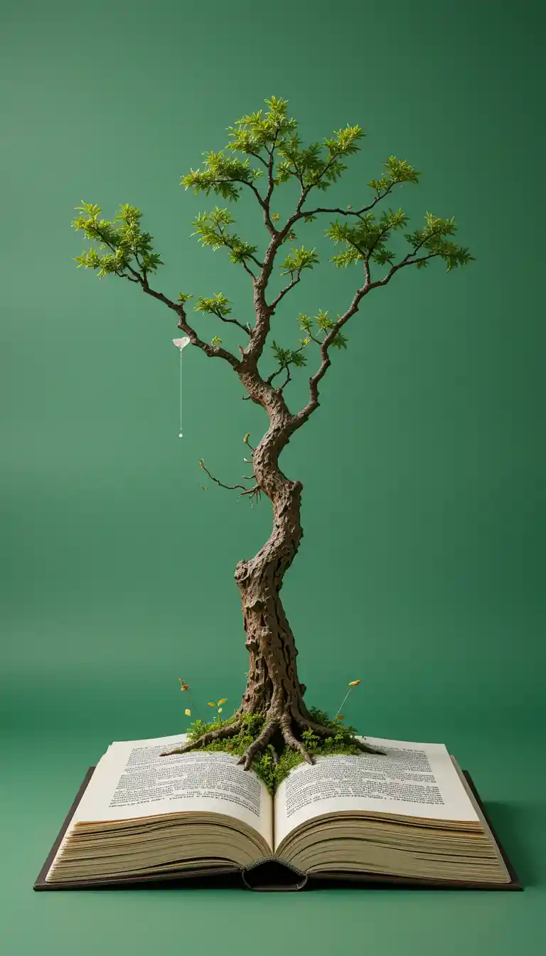 Libro surreale con ramo d’albero su sfondo astratto verde