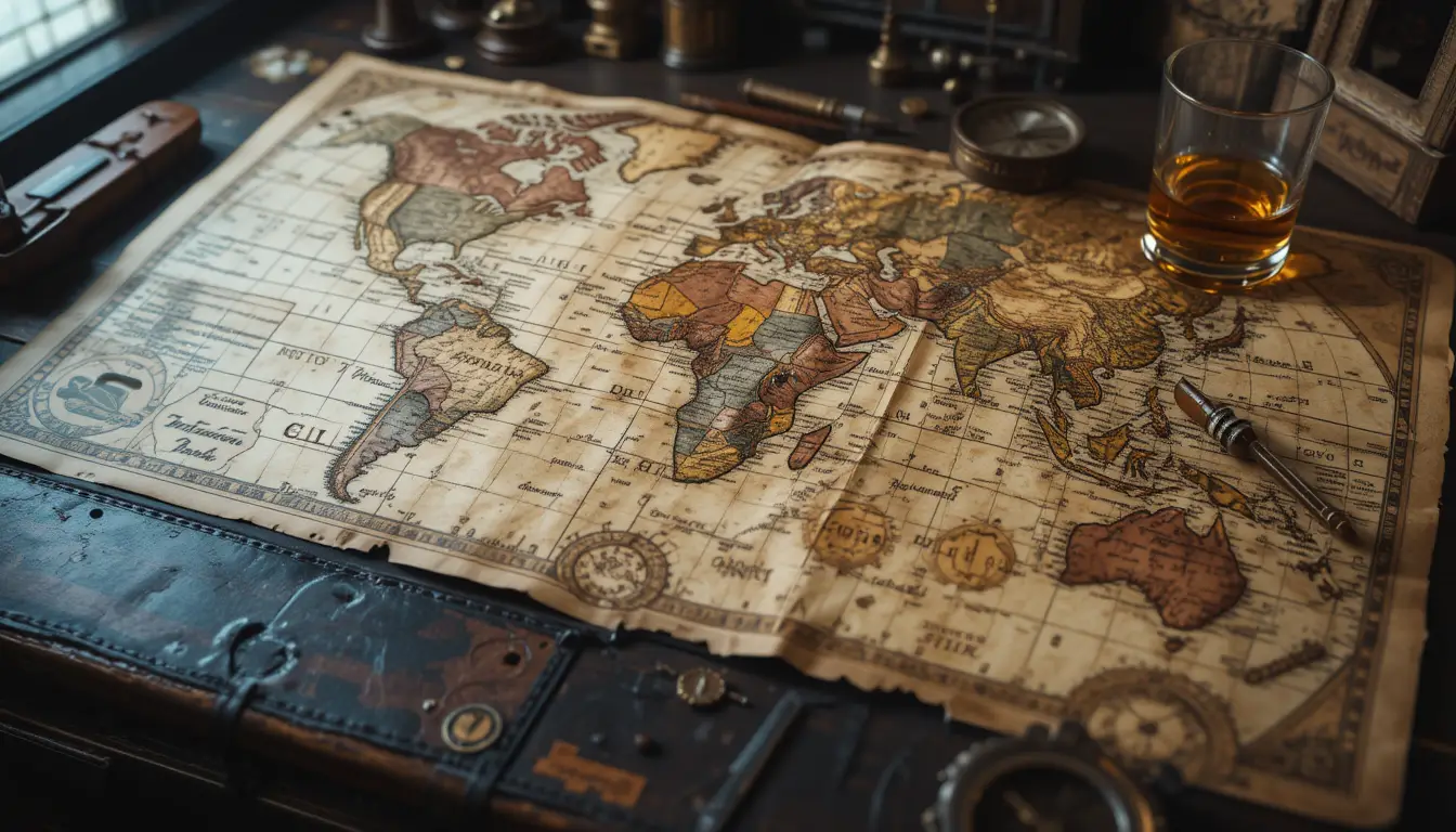 Antica mappa del tesoro su vecchia scrivania in stile steampunk