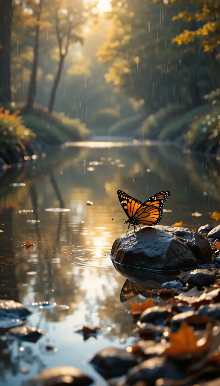 Monarchfalter am stillen Wasser im goldenen Waldlicht