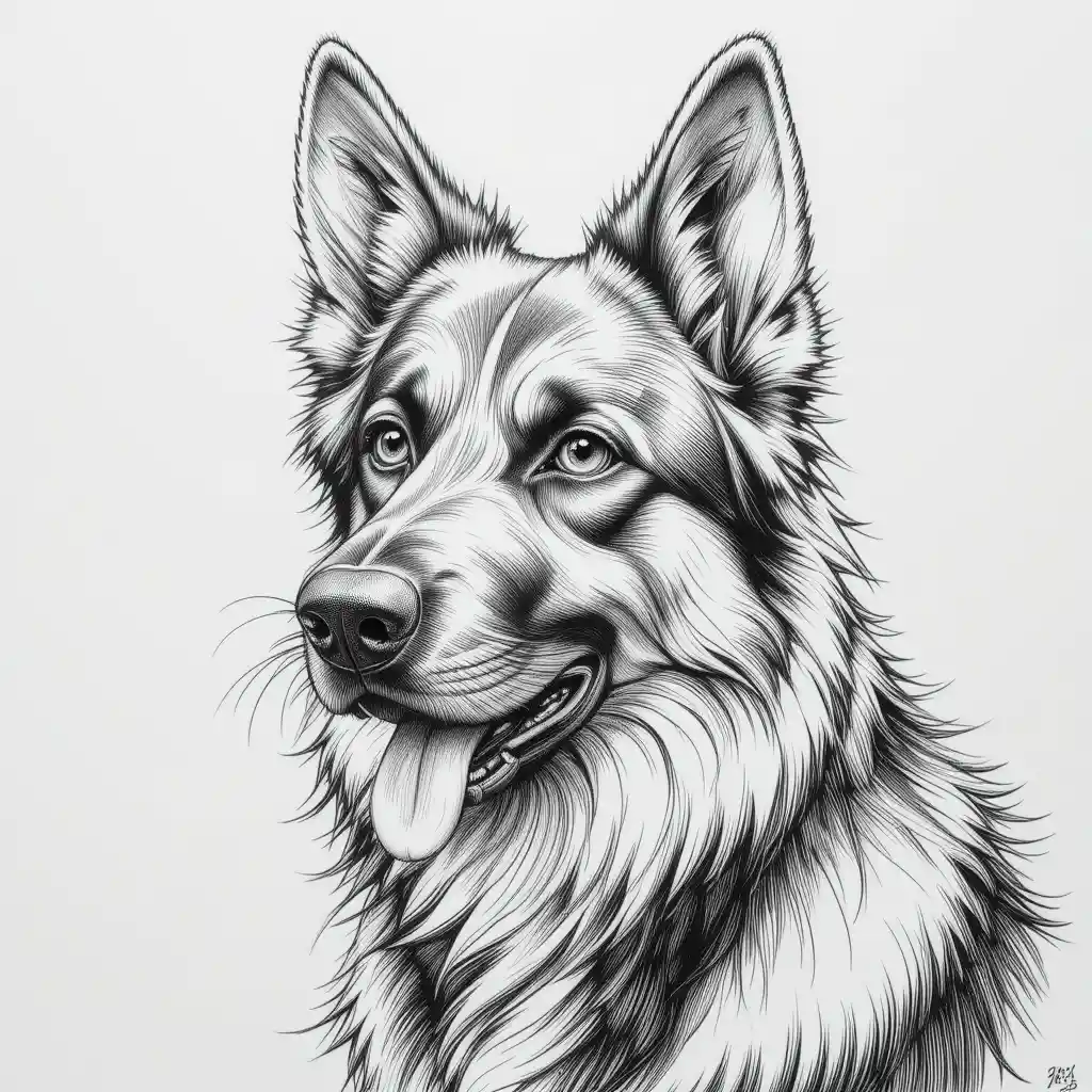 Black and white manga style shepherd dog pencil drawing