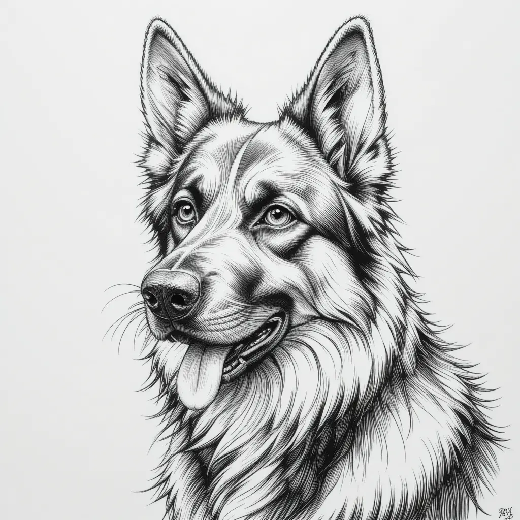 白黒マンガ風シェパード犬の鉛筆画