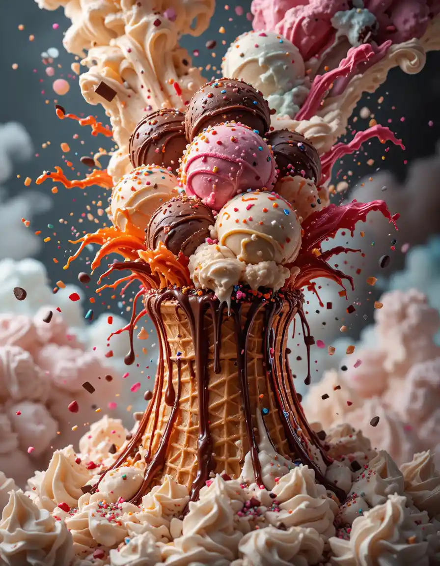 Esplosione di Gelato Colorato da un Vulcano a Cialda