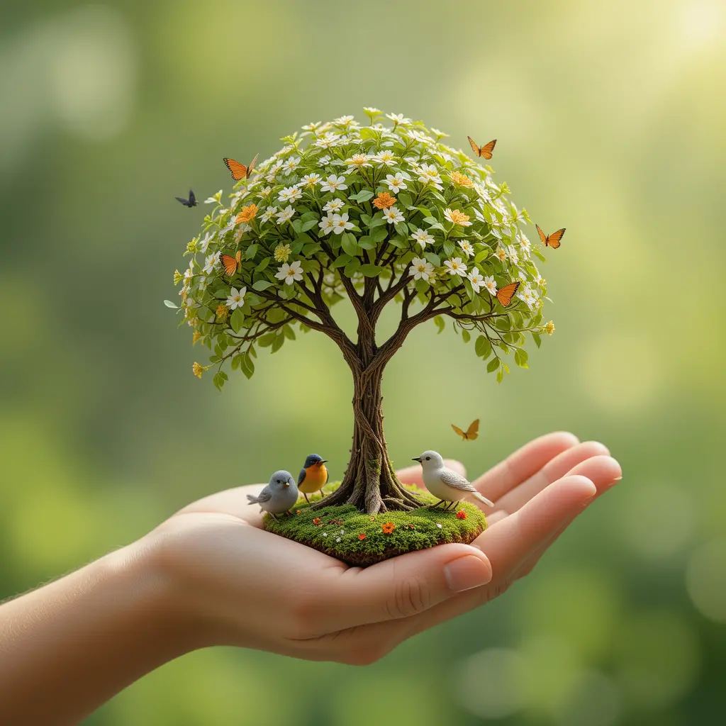 Miniatur-Frühlingsbaum in einer offenen menschlichen Hand