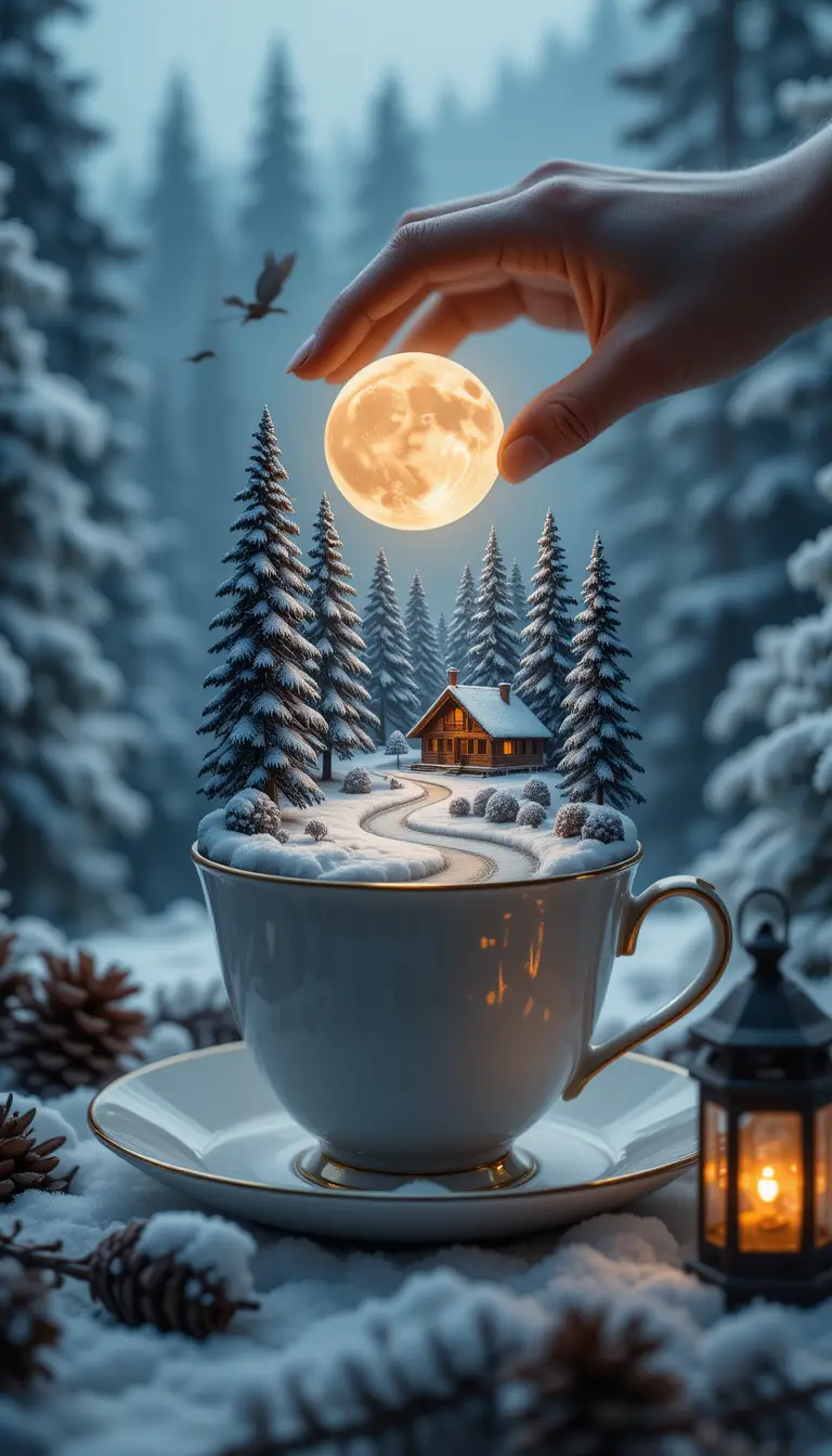Paesaggio invernale magico dentro a una tazza da tè al chiaro di luna