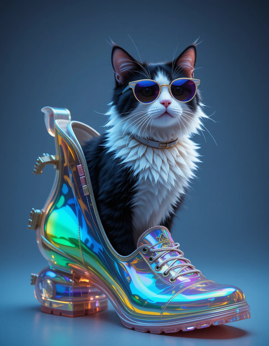 Gatto fantastico bianco e nero che emerge da una scarpa colorata
