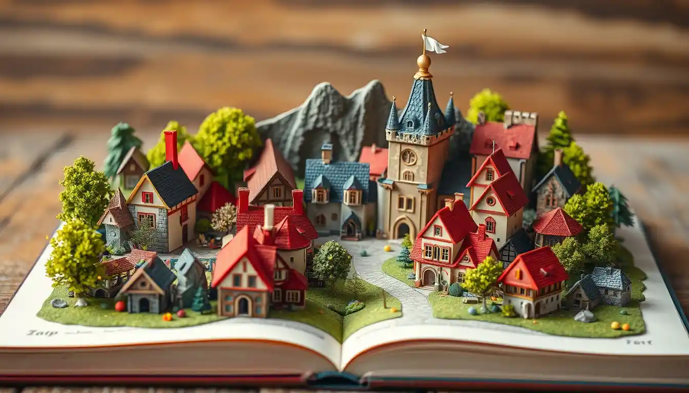 Colorful Medieval Town Pop Up Flat Illustration Scene