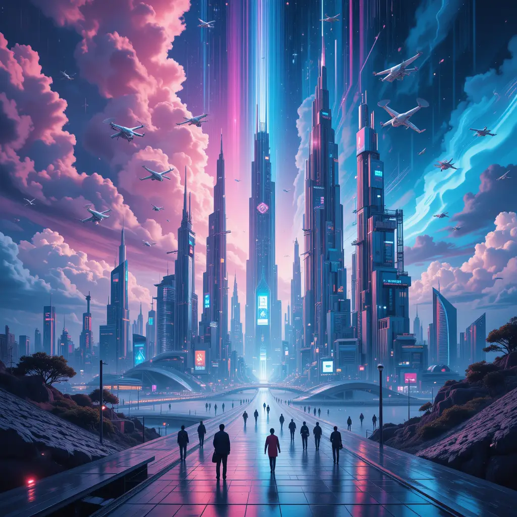 Metrópole Futurista com Arquitetura Flutuante e Céu de Néon