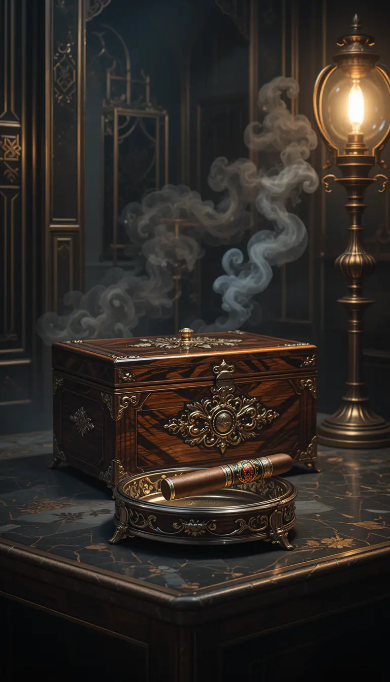 Luxuriöser Humidor und Zigarre in dramatischer Chiaroscuro-Szene