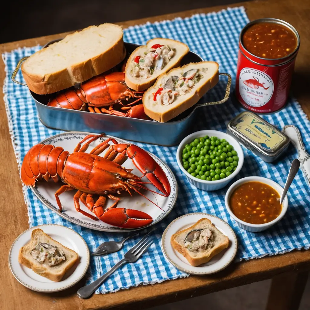 Tarte douce feuilletée et boîte de fruits de mer sur une table