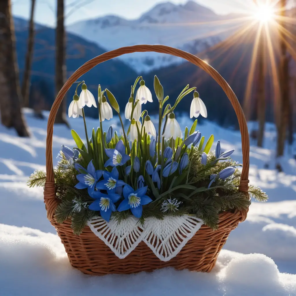 Gentian and snowdrops in a winter mountain sunset forest