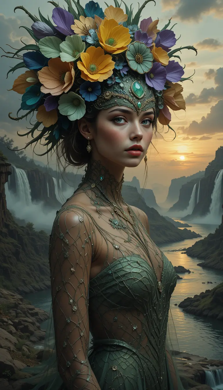 Portrait surréaliste d’une femme avec chapeau de carnaval fleuri