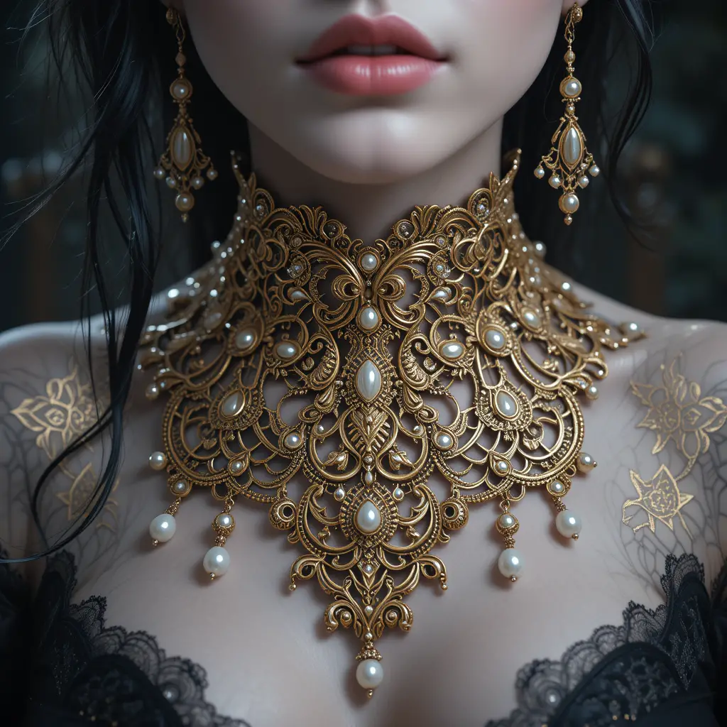 Collana in filigrana dorata decorata su modella dalla pelle chiara