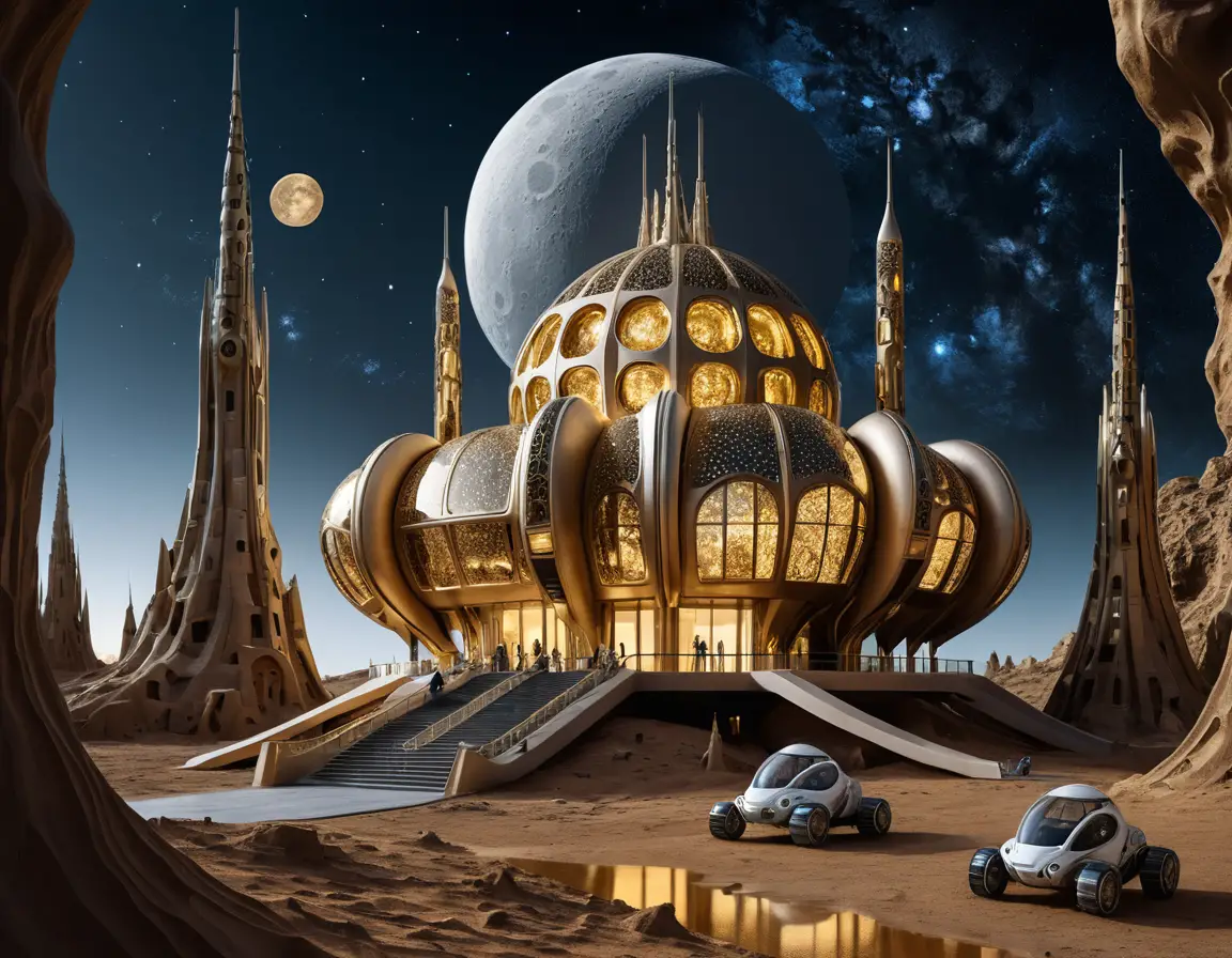 Templo de ciencia ficción en un paisaje lunar bajo un cielo estrellado