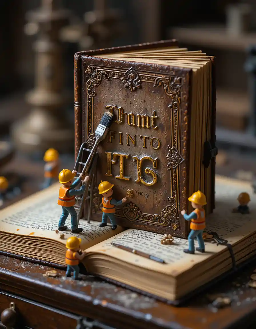 Miniature Construction Workers Cleaning An Ancient Book