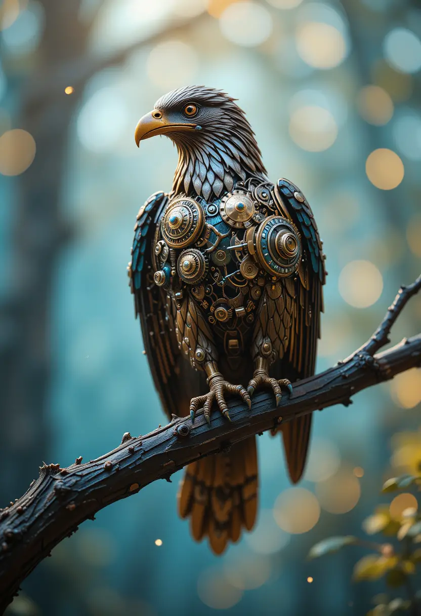 Steampunk-Adlerskulptur auf einem Holzast