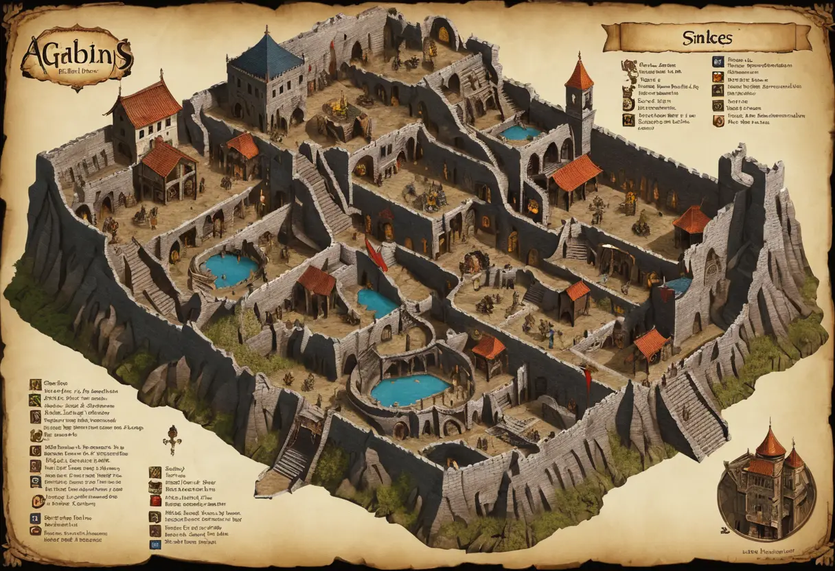 Vintage fantasy game map with multi level underground dungeon