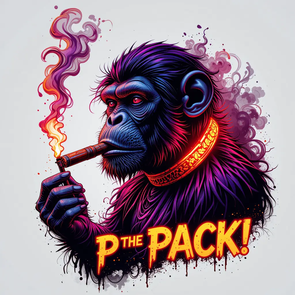 Singe avec collier lumineux et cigare dans une fumée enflammée