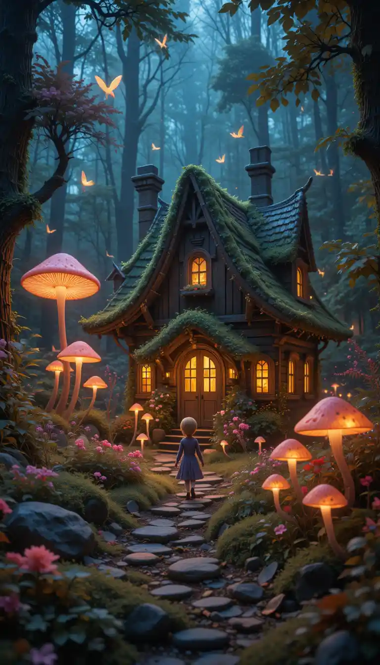 Elf walking to a glowing mushroom house in enchanted forest