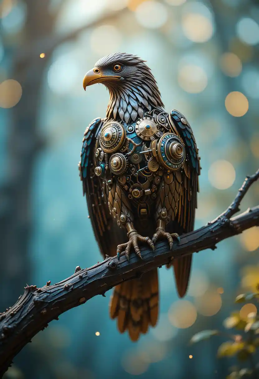 Steampunk Eagle Sculpture Perched On Wooden Branch