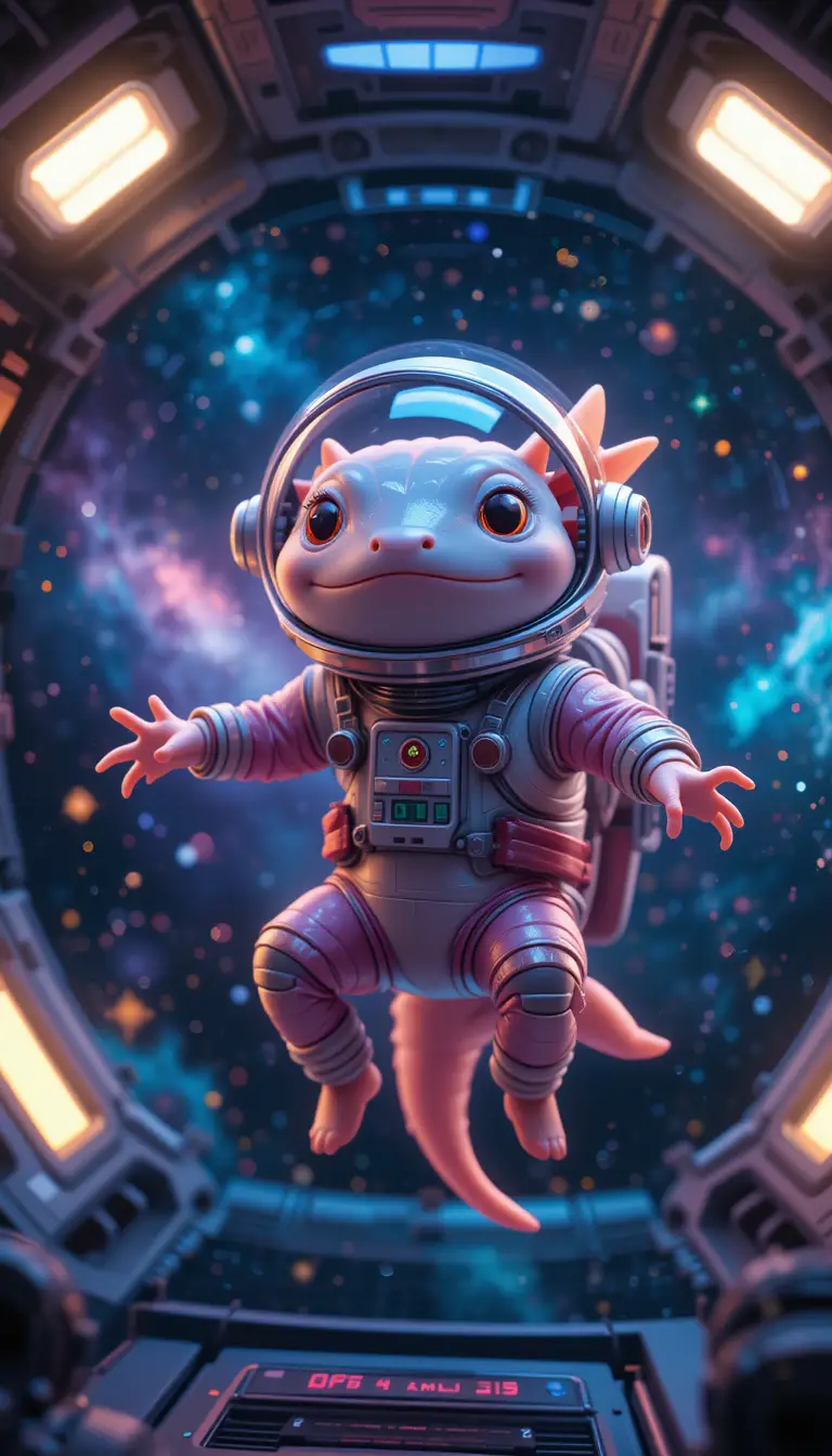 Fofo astronauta axolote flutuando dentro de uma nave espacial colorida