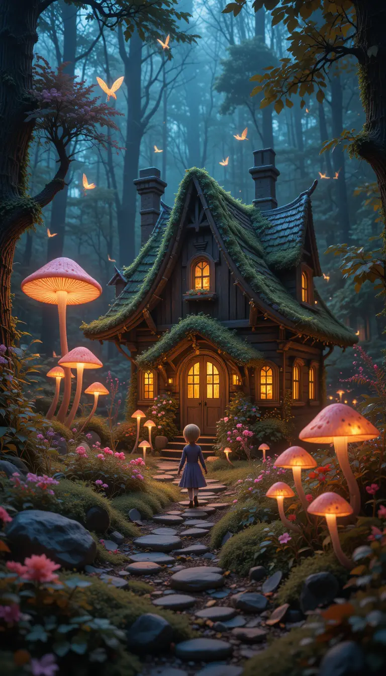 Elfe marchant vers une maison-champignon lumineuse dans une forêt enchantée