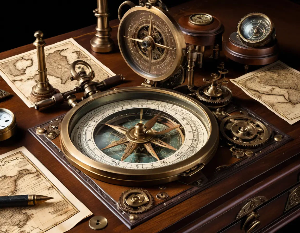 Mappa del Tesoro Vintage su Scrivania di Navigazione in Mogano Steampunk