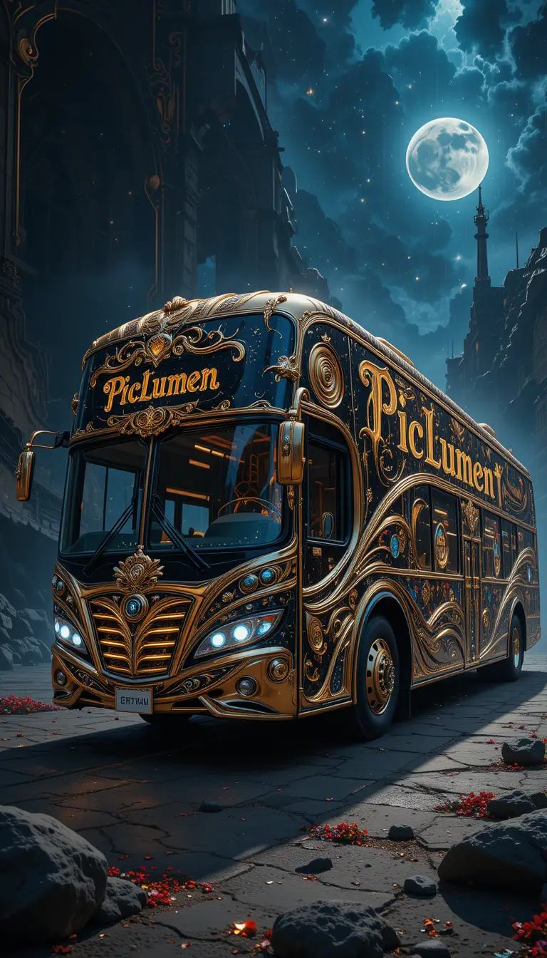 Illustration numérique luxueuse d’un bus de tourisme baroque poussière d’étoiles