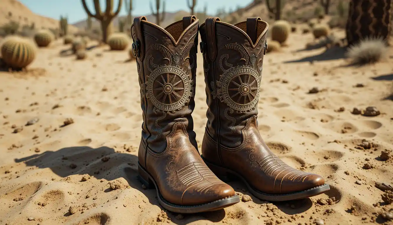 Postal de botas de vaquero con espuelas sobre arena del desierto