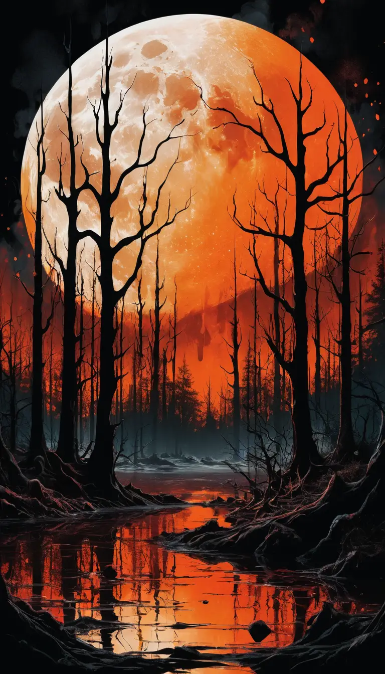 Surrealer dunkler Wald unter einem leuchtend orangefarbenen Mond