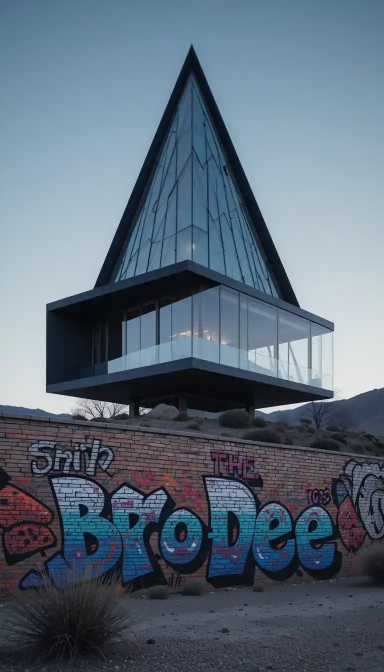 Casa futuristica minimalista con piramide di vetro nel deserto