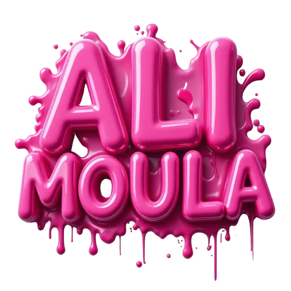 Bold hot pink 3d ali moula text with liquid splash