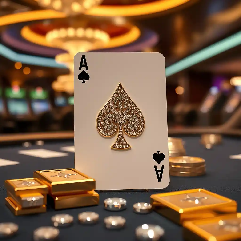 Carta de as de espadas dorada con diamantes sobre la mesa del casino