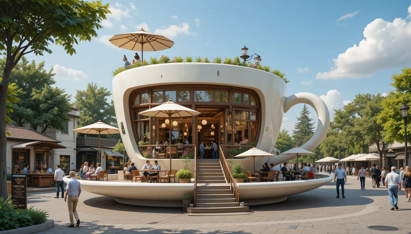 Verspieltes Kaffeetassen-Café in einer belebten Stadtstraße