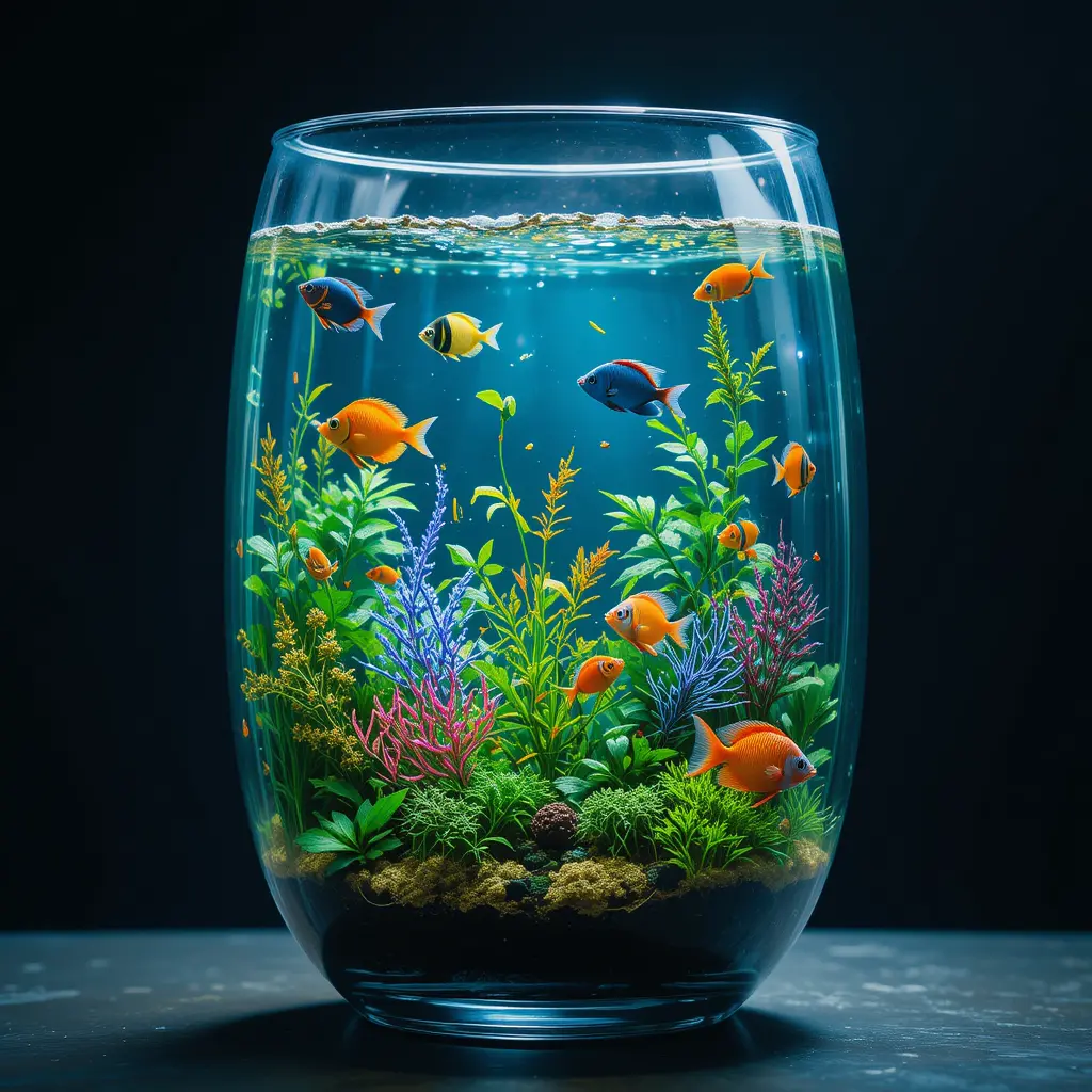 Mondo sottomarino dentro di un bicchiere con pesci colorati