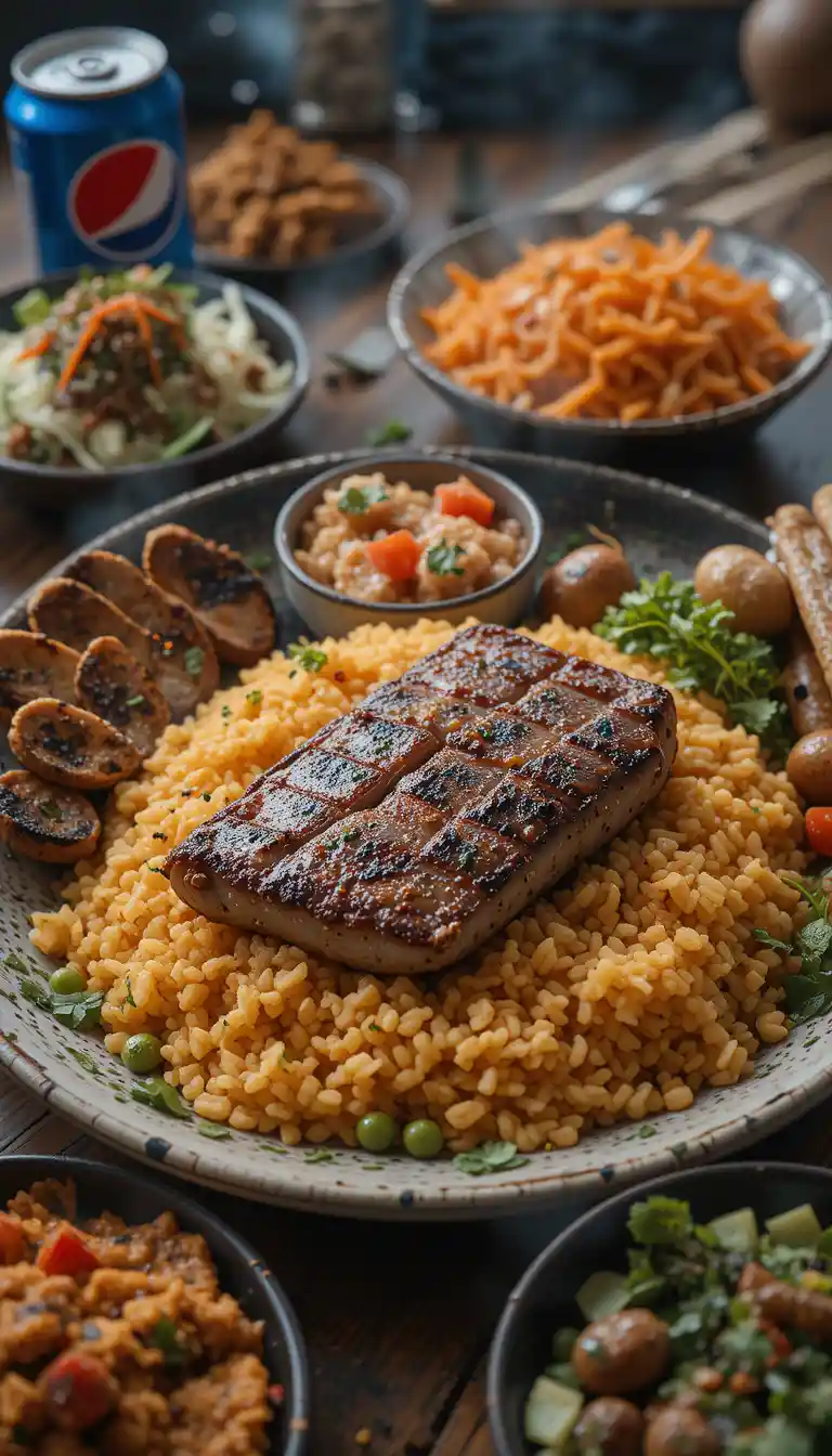 Piatto di Carne alla Griglia con Insalata di Riso e Pepsi