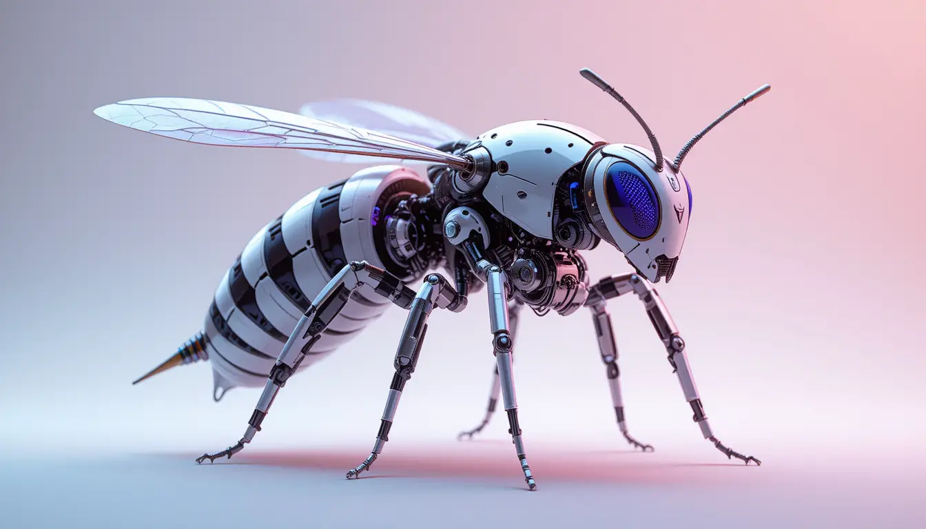 Futuristischer Insektenroboter mit metallischem Körper und Flügeln