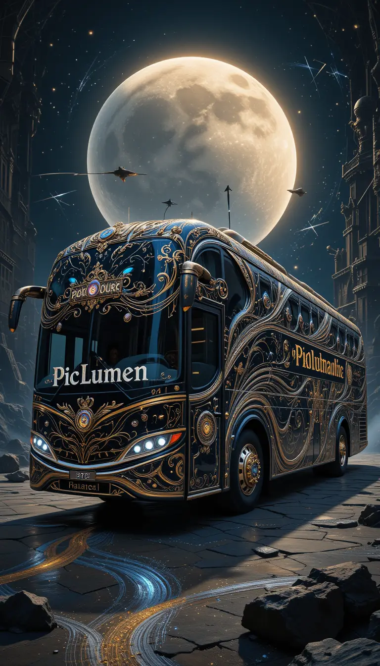 Luxueux bus touristique poussière d’étoiles en illustration numérique cinématographique