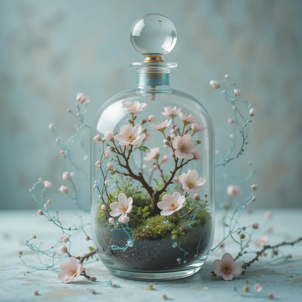 Ethereal floral still life in glass terrarium